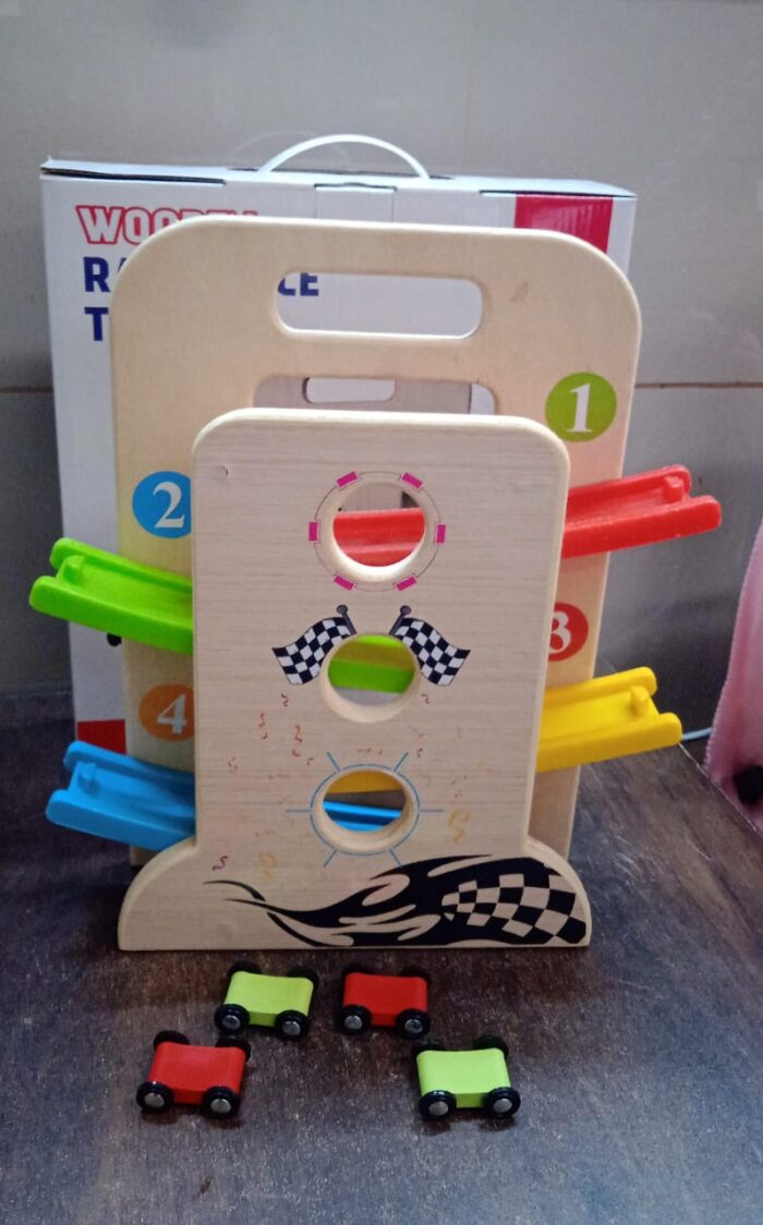 Wooden Ramp Racer Race Track Vehicle Play sets With 4 Mini Racers (with Handle) - Image 5